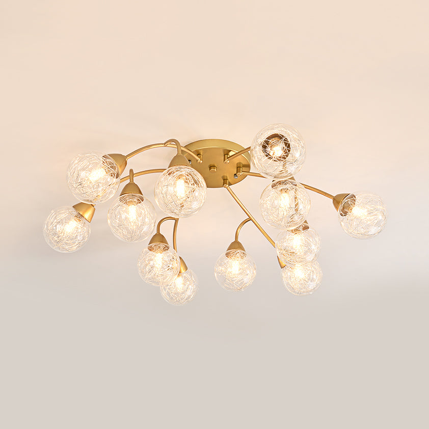6/12 Lights Bedroom Semi Flush with Sphere Clear Glass Shade Modern Gold Led Semi Flush Ceiling Light Clearhalo 'Ceiling Lights' 'Close To Ceiling Lights' 'Close to ceiling' 'Glass shade' 'Glass' 'Semi-flushmount' Lighting' 183703