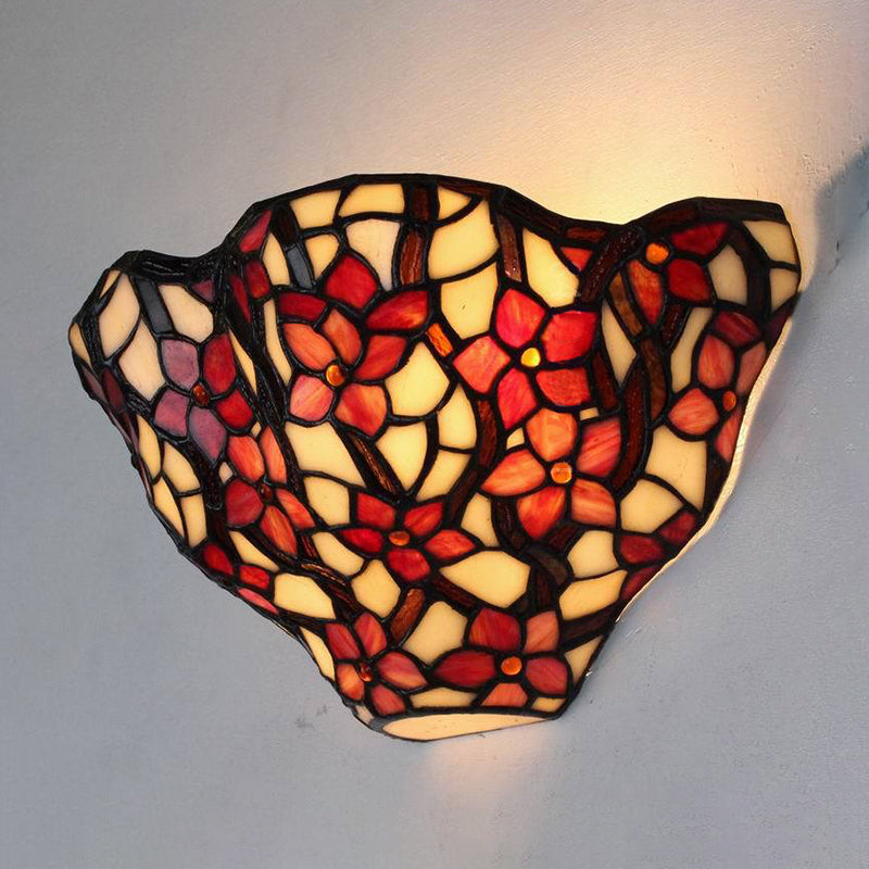 Floral Front Door Wall Sconce Stained Glass Tiffany Rustic Wall Light in Black and Red Black-Red Clearhalo 'Industrial' 'Middle century wall lights' 'Tiffany wall lights' 'Tiffany' 'Wall Lamps & Sconces' 'Wall Lights' Lighting' 183711
