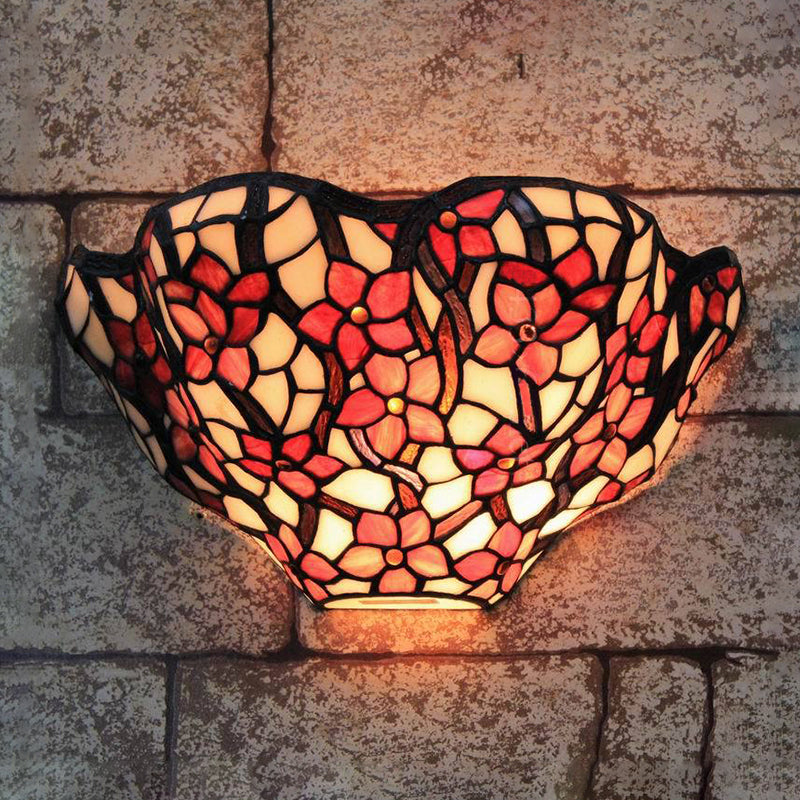 Floral Front Door Wall Sconce Stained Glass Tiffany Rustic Wall Light in Black and Red Clearhalo 'Industrial' 'Middle century wall lights' 'Tiffany wall lights' 'Tiffany' 'Wall Lamps & Sconces' 'Wall Lights' Lighting' 183712