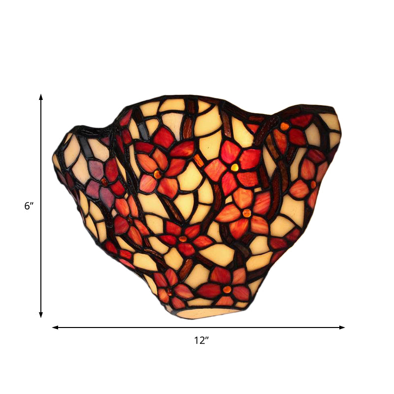 Floral Front Door Wall Sconce Stained Glass Tiffany Rustic Wall Light in Black and Red Clearhalo 'Industrial' 'Middle century wall lights' 'Tiffany wall lights' 'Tiffany' 'Wall Lamps & Sconces' 'Wall Lights' Lighting' 183715