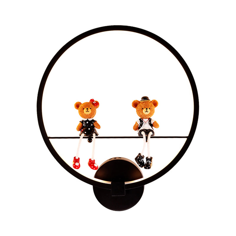 Contemporary Black Wall Light Ring Metal Sconce Light with Doll Deco for Kids Bedroom Clearhalo 'Wall Lamps & Sconces' 'Wall Lights' Lighting' 183759