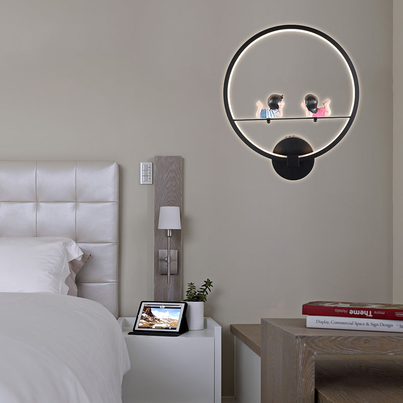 Contemporary Black Wall Light Ring Metal Sconce Light with Doll Deco for Kids Bedroom Black Girl Clearhalo 'Wall Lamps & Sconces' 'Wall Lights' Lighting' 183761