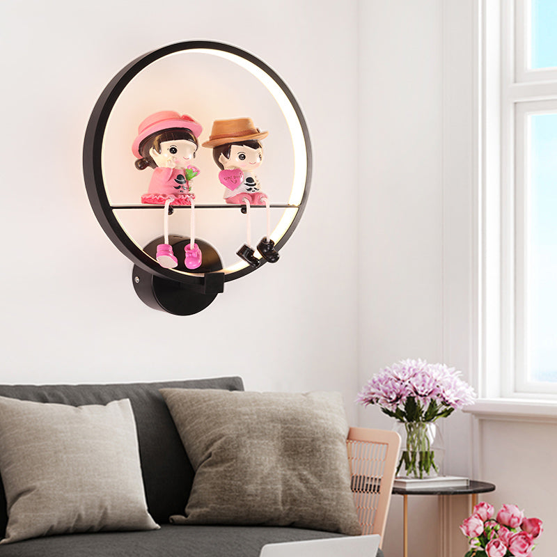 Contemporary Black Wall Light Ring Metal Sconce Light with Doll Deco for Kids Bedroom Black Couple Clearhalo 'Wall Lamps & Sconces' 'Wall Lights' Lighting' 183764