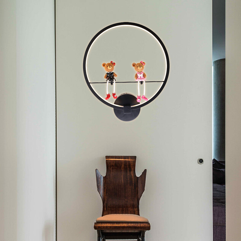 Contemporary Black Wall Light Ring Metal Sconce Light with Doll Deco for Kids Bedroom Black Bear Clearhalo 'Wall Lamps & Sconces' 'Wall Lights' Lighting' 183766