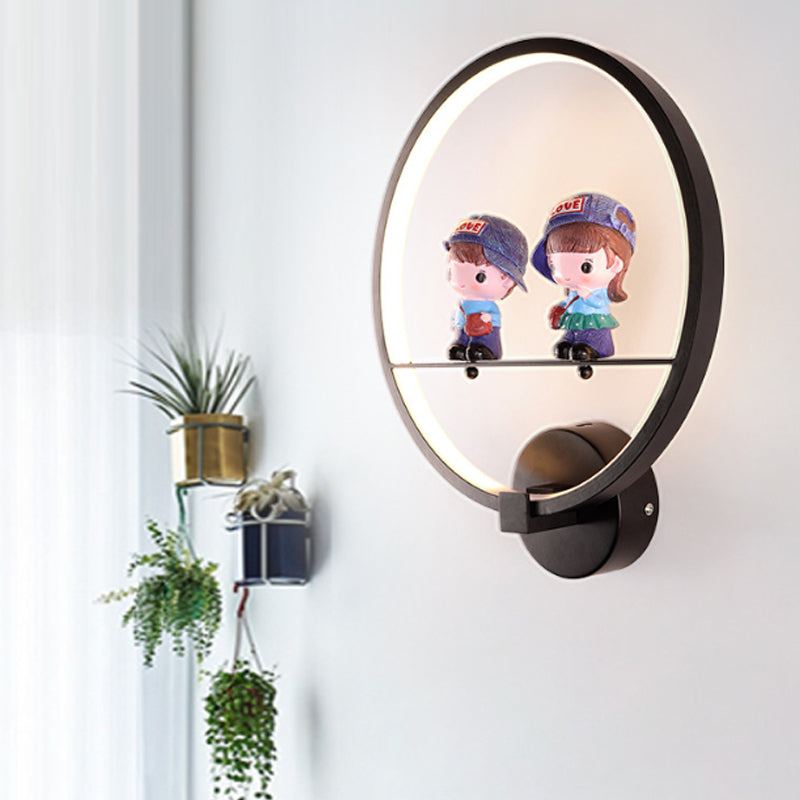 Contemporary Black Wall Light Ring Metal Sconce Light with Doll Deco for Kids Bedroom Black Student Clearhalo 'Wall Lamps & Sconces' 'Wall Lights' Lighting' 183772