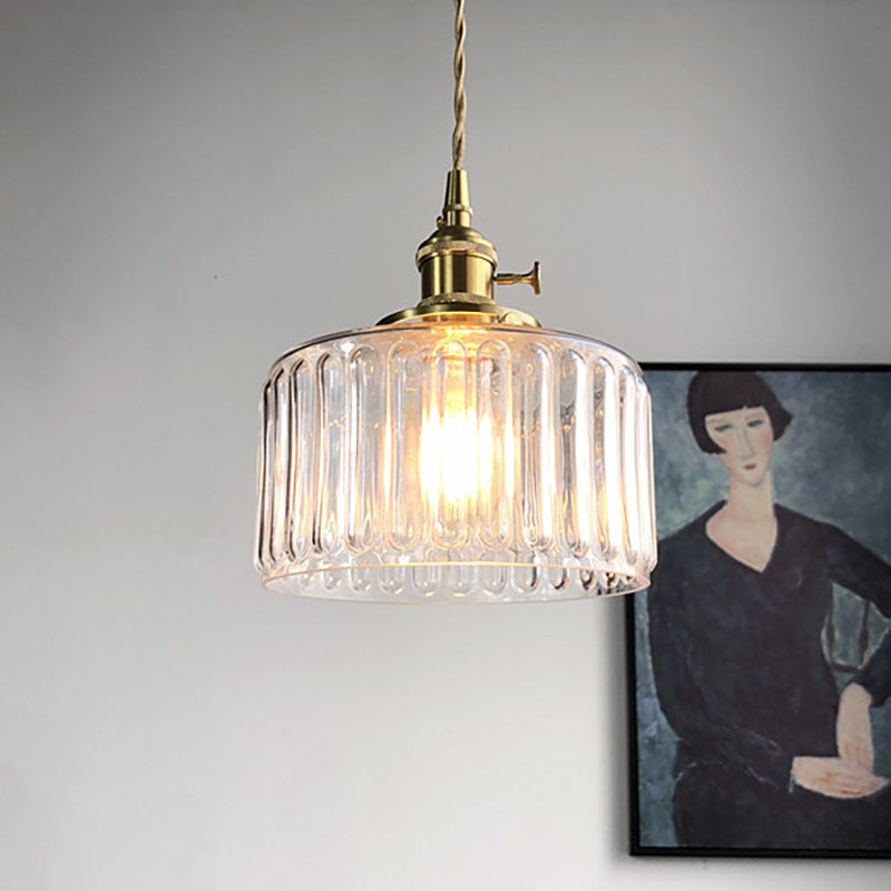 Drum Shape Pendant Light 1 Head Modern Stylish Fluted Glass Hanging Lamp for Gallery Clear Clearhalo 'Ceiling Lights' 'Glass shade' 'Glass' 'Modern Pendants' 'Modern' 'Pendant Lights' 'Pendants' Lighting' 183775