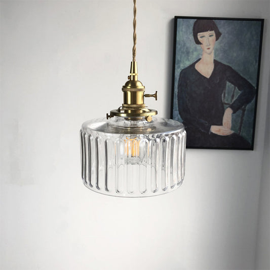 Drum Shape Pendant Light 1 Head Modern Stylish Fluted Glass Hanging Lamp for Gallery Clearhalo 'Ceiling Lights' 'Glass shade' 'Glass' 'Modern Pendants' 'Modern' 'Pendant Lights' 'Pendants' Lighting' 183776