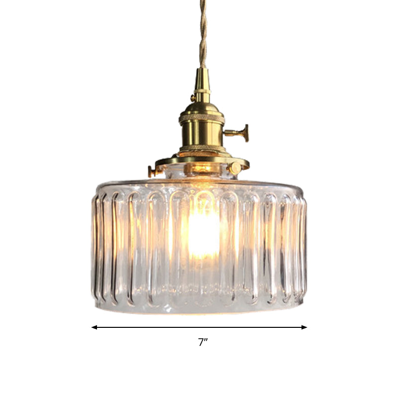 Drum Shape Pendant Light 1 Head Modern Stylish Fluted Glass Hanging Lamp for Gallery Clearhalo 'Ceiling Lights' 'Glass shade' 'Glass' 'Modern Pendants' 'Modern' 'Pendant Lights' 'Pendants' Lighting' 183778