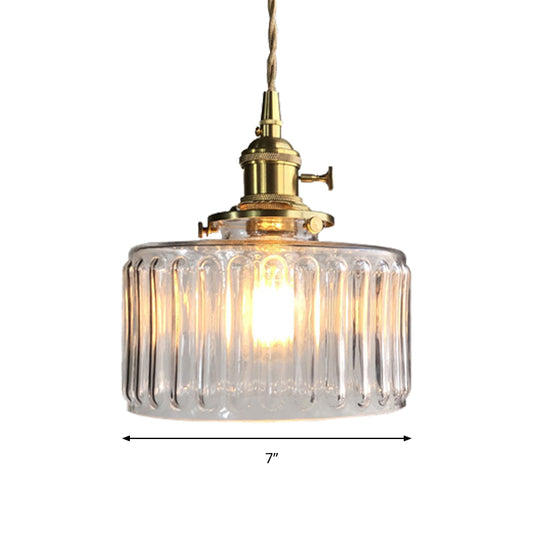 Drum Shape Pendant Light 1 Head Modern Stylish Fluted Glass Hanging Lamp for Gallery Clearhalo 'Ceiling Lights' 'Glass shade' 'Glass' 'Modern Pendants' 'Modern' 'Pendant Lights' 'Pendants' Lighting' 183778