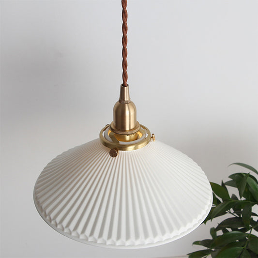 Ridged Cone Dining Room Pendant Light Ceramics 1 Light Simple Style Pendant Lamp in White Clearhalo 'Ceiling Lights' 'Modern Pendants' 'Modern' 'Pendant Lights' 'Pendants' Lighting' 183799