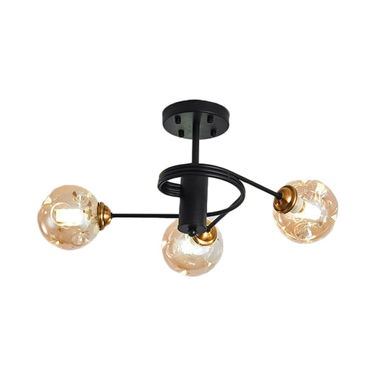 3/5 Lights Living Room Semi Flush with Ball Amber/Smoke Dimpled Blown Glass Shade Modernist Black Semi Flush Ceiling Light Clearhalo 'Ceiling Lights' 'Close To Ceiling Lights' 'Close to ceiling' 'Glass shade' 'Glass' 'Pendant Lights' 'Semi-flushmount' Lighting' 183852