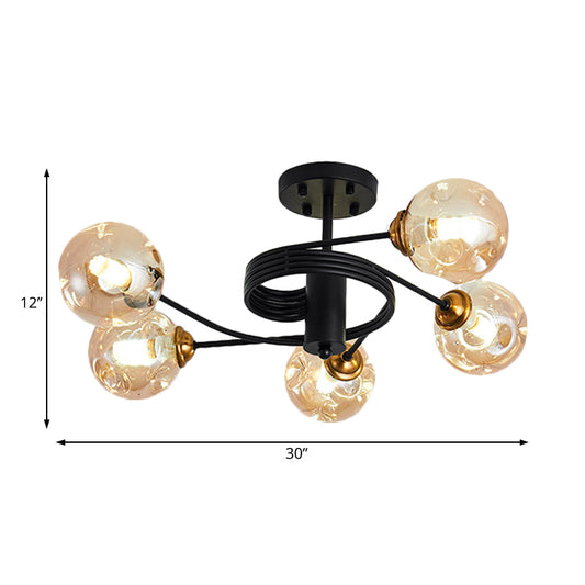 3/5 Lights Living Room Semi Flush with Ball Amber/Smoke Dimpled Blown Glass Shade Modernist Black Semi Flush Ceiling Light Clearhalo 'Ceiling Lights' 'Close To Ceiling Lights' 'Close to ceiling' 'Glass shade' 'Glass' 'Pendant Lights' 'Semi-flushmount' Lighting' 183857