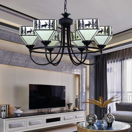 Forest Deer Living Room Chandelier Glass American Style Hanging Light in Black Black Circline Clearhalo 'Ceiling Lights' 'Chandeliers' 'Industrial' 'Middle Century Chandeliers' 'Pendant Lights' 'Tiffany Chandeliers' 'Tiffany close to ceiling' 'Tiffany' Lighting' 183858