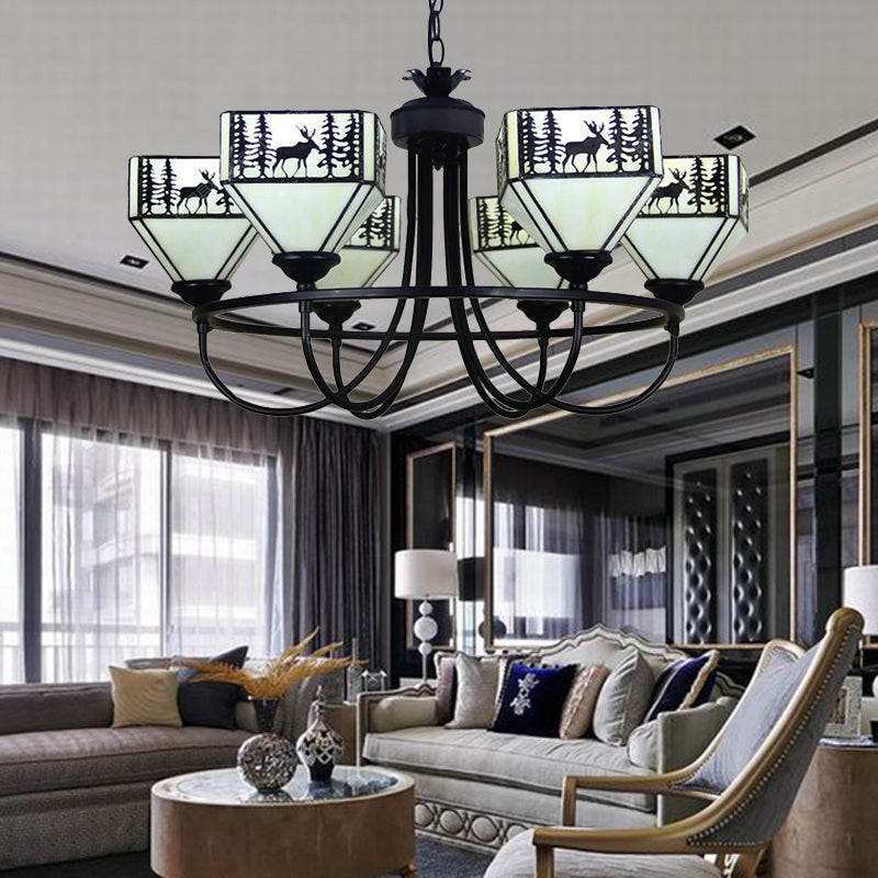 Forest Deer Living Room Chandelier Glass American Style Hanging Light in Black Clearhalo 'Ceiling Lights' 'Chandeliers' 'Industrial' 'Middle Century Chandeliers' 'Pendant Lights' 'Tiffany Chandeliers' 'Tiffany close to ceiling' 'Tiffany' Lighting' 183859