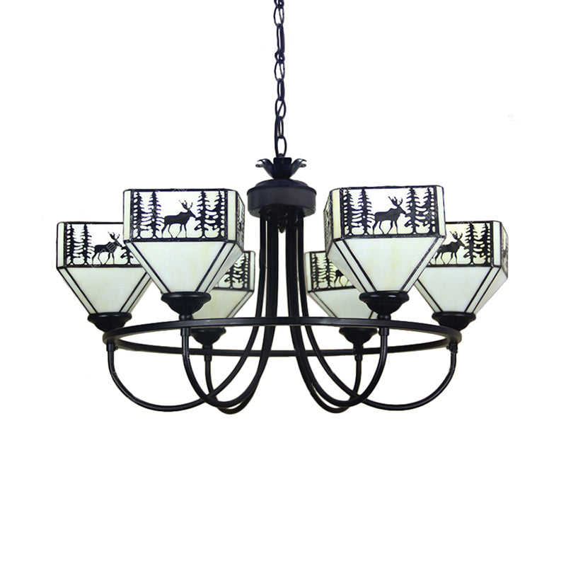 Forest Deer Living Room Chandelier Glass American Style Hanging Light in Black Clearhalo 'Ceiling Lights' 'Chandeliers' 'Industrial' 'Middle Century Chandeliers' 'Pendant Lights' 'Tiffany Chandeliers' 'Tiffany close to ceiling' 'Tiffany' Lighting' 183860