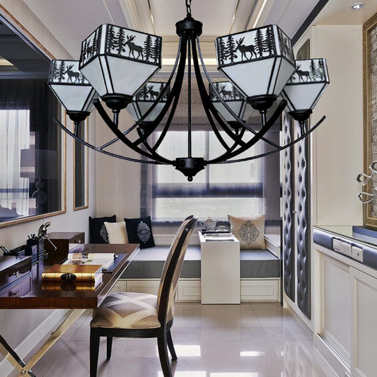 Forest Deer Living Room Chandelier Glass American Style Hanging Light in Black Black Arc Clearhalo 'Ceiling Lights' 'Chandeliers' 'Industrial' 'Middle Century Chandeliers' 'Pendant Lights' 'Tiffany Chandeliers' 'Tiffany close to ceiling' 'Tiffany' Lighting' 183862
