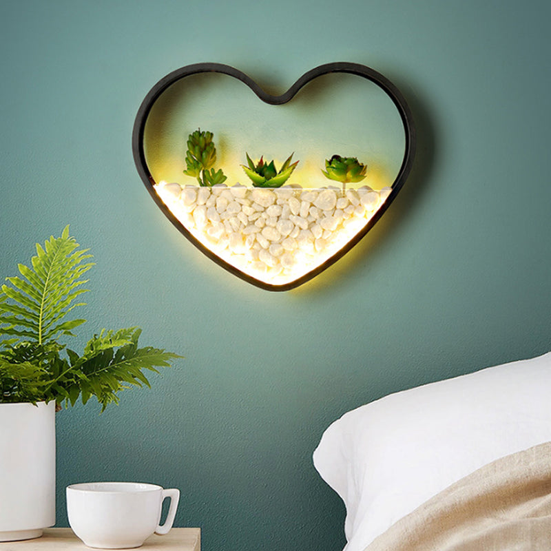 Fake Succulent Plant Wall Light Metal Stone Modern Creative Sconce Light in Black for Bedroom Black Loving Heart Clearhalo 'Wall Lamps & Sconces' 'Wall Lights' Lighting' 183880