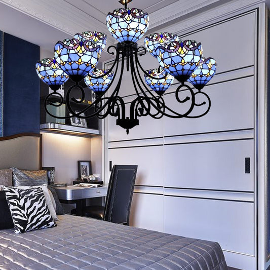 Stained Glass Victorian Pattern Chandelier Multi-Head Tiffany Ornate Chandelier in Brown/Blue for Hotel Clearhalo 'Ceiling Lights' 'Chandeliers' 'Industrial' 'Middle Century Chandeliers' 'Tiffany Chandeliers' 'Tiffany close to ceiling' 'Tiffany' Lighting' 183901