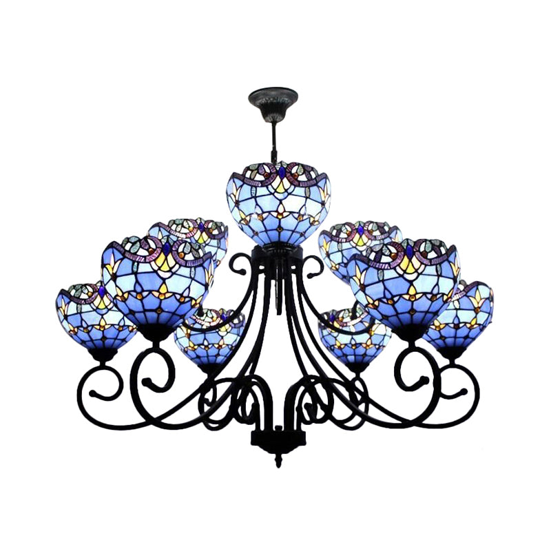 Stained Glass Victorian Pattern Chandelier Multi-Head Tiffany Ornate Chandelier in Brown/Blue for Hotel Clearhalo 'Ceiling Lights' 'Chandeliers' 'Industrial' 'Middle Century Chandeliers' 'Tiffany Chandeliers' 'Tiffany close to ceiling' 'Tiffany' Lighting' 183902