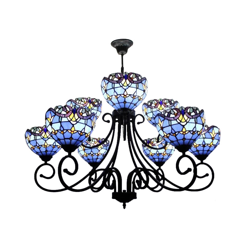 Stained Glass Victorian Pattern Chandelier Multi-Head Tiffany Ornate Chandelier in Brown/Blue for Hotel Clearhalo 'Ceiling Lights' 'Chandeliers' 'Industrial' 'Middle Century Chandeliers' 'Tiffany Chandeliers' 'Tiffany close to ceiling' 'Tiffany' Lighting' 183902