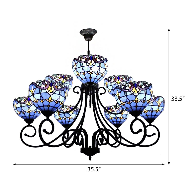 Stained Glass Victorian Pattern Chandelier Multi-Head Tiffany Ornate Chandelier in Brown/Blue for Hotel Clearhalo 'Ceiling Lights' 'Chandeliers' 'Industrial' 'Middle Century Chandeliers' 'Tiffany Chandeliers' 'Tiffany close to ceiling' 'Tiffany' Lighting' 183903