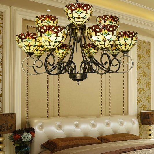 Stained Glass Victorian Pattern Chandelier Multi-Head Tiffany Ornate Chandelier in Brown/Blue for Hotel 12 Brown Clearhalo 'Ceiling Lights' 'Chandeliers' 'Industrial' 'Middle Century Chandeliers' 'Tiffany Chandeliers' 'Tiffany close to ceiling' 'Tiffany' Lighting' 183904