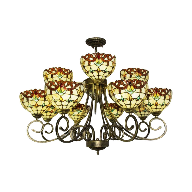 Stained Glass Victorian Pattern Chandelier Multi-Head Tiffany Ornate Chandelier in Brown/Blue for Hotel Clearhalo 'Ceiling Lights' 'Chandeliers' 'Industrial' 'Middle Century Chandeliers' 'Tiffany Chandeliers' 'Tiffany close to ceiling' 'Tiffany' Lighting' 183905