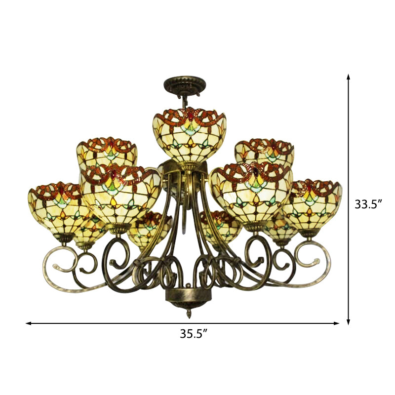 Stained Glass Victorian Pattern Chandelier Multi-Head Tiffany Ornate Chandelier in Brown/Blue for Hotel Clearhalo 'Ceiling Lights' 'Chandeliers' 'Industrial' 'Middle Century Chandeliers' 'Tiffany Chandeliers' 'Tiffany close to ceiling' 'Tiffany' Lighting' 183906