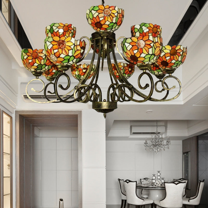 Stained Glass Sunflower Chandelier Tiffany Exquisite Suspension Light in Antique Bronze for Villa Clearhalo 'Ceiling Lights' 'Chandeliers' 'Industrial' 'Middle Century Chandeliers' 'Pendant Lights' 'Tiffany Chandeliers' 'Tiffany close to ceiling' 'Tiffany' Lighting' 183926