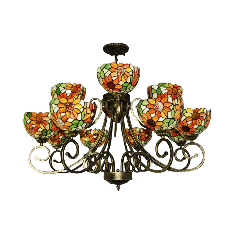 Stained Glass Sunflower Chandelier Tiffany Exquisite Suspension Light in Antique Bronze for Villa Clearhalo 'Ceiling Lights' 'Chandeliers' 'Industrial' 'Middle Century Chandeliers' 'Pendant Lights' 'Tiffany Chandeliers' 'Tiffany close to ceiling' 'Tiffany' Lighting' 183927