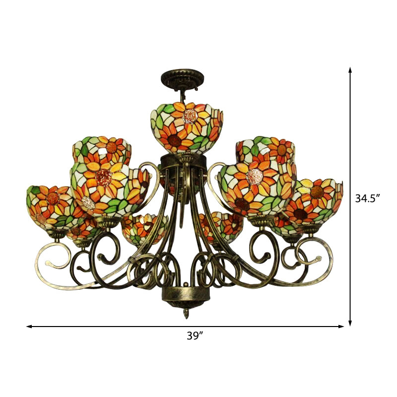 Stained Glass Sunflower Chandelier Tiffany Exquisite Suspension Light in Antique Bronze for Villa Clearhalo 'Ceiling Lights' 'Chandeliers' 'Industrial' 'Middle Century Chandeliers' 'Pendant Lights' 'Tiffany Chandeliers' 'Tiffany close to ceiling' 'Tiffany' Lighting' 183928