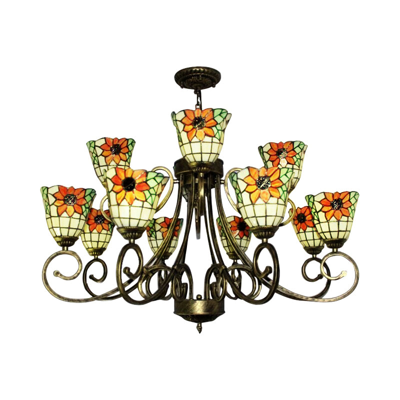 Stained Glass Sunflower Chandelier Tiffany Exquisite Suspension Light in Antique Bronze for Villa Clearhalo 'Ceiling Lights' 'Chandeliers' 'Industrial' 'Middle Century Chandeliers' 'Pendant Lights' 'Tiffany Chandeliers' 'Tiffany close to ceiling' 'Tiffany' Lighting' 183930