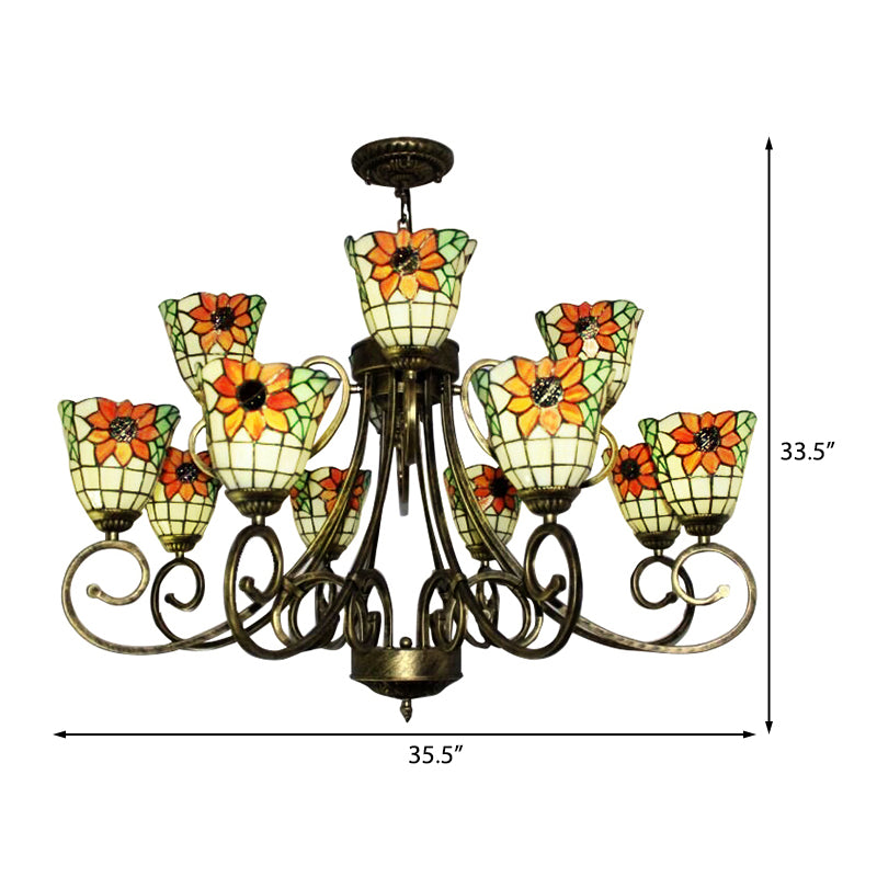 Stained Glass Sunflower Chandelier Tiffany Exquisite Suspension Light in Antique Bronze for Villa Clearhalo 'Ceiling Lights' 'Chandeliers' 'Industrial' 'Middle Century Chandeliers' 'Pendant Lights' 'Tiffany Chandeliers' 'Tiffany close to ceiling' 'Tiffany' Lighting' 183931