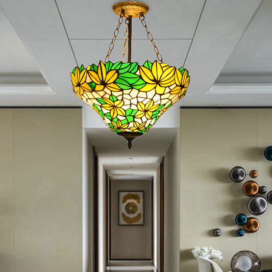Rustic Style Floral Chandelier Stained Glass Pendant Light in Yellow for Kindergarten Yellow Clearhalo 'Ceiling Lights' 'Close To Ceiling Lights' 'Close to ceiling' 'Glass shade' 'Glass' 'Pendant Lights' 'Semi-flushmount' 'Tiffany close to ceiling' 'Tiffany' Lighting' 183954