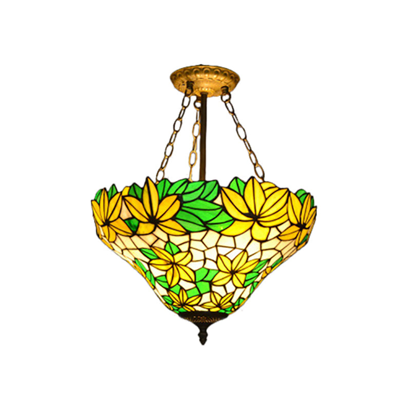 Rustic Style Floral Chandelier Stained Glass Pendant Light in Yellow for Kindergarten Clearhalo 'Ceiling Lights' 'Close To Ceiling Lights' 'Close to ceiling' 'Glass shade' 'Glass' 'Pendant Lights' 'Semi-flushmount' 'Tiffany close to ceiling' 'Tiffany' Lighting' 183956