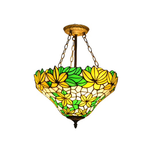 Rustic Style Floral Chandelier Stained Glass Pendant Light in Yellow for Kindergarten Clearhalo 'Ceiling Lights' 'Close To Ceiling Lights' 'Close to ceiling' 'Glass shade' 'Glass' 'Pendant Lights' 'Semi-flushmount' 'Tiffany close to ceiling' 'Tiffany' Lighting' 183956