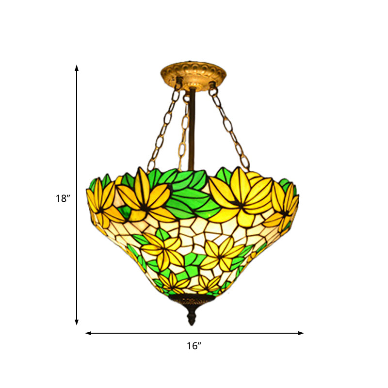 Rustic Style Floral Chandelier Stained Glass Pendant Light in Yellow for Kindergarten Clearhalo 'Ceiling Lights' 'Close To Ceiling Lights' 'Close to ceiling' 'Glass shade' 'Glass' 'Pendant Lights' 'Semi-flushmount' 'Tiffany close to ceiling' 'Tiffany' Lighting' 183957