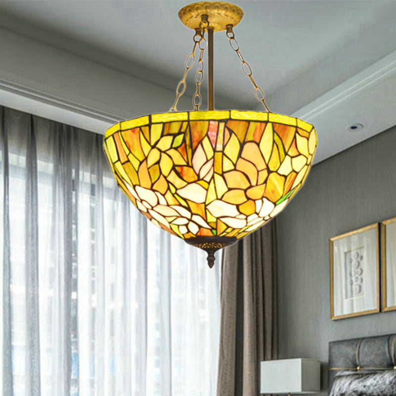 Tiffany Stylish Petal Ceiling Pendant Stained Glass Yellow Chandelier for Dining Room Yellow Clearhalo 'Ceiling Lights' 'Close To Ceiling Lights' 'Close to ceiling' 'Glass shade' 'Glass' 'Island Lights' 'Pendant Lights' 'Semi-flushmount' 'Tiffany close to ceiling' 'Tiffany' Lighting' 183972