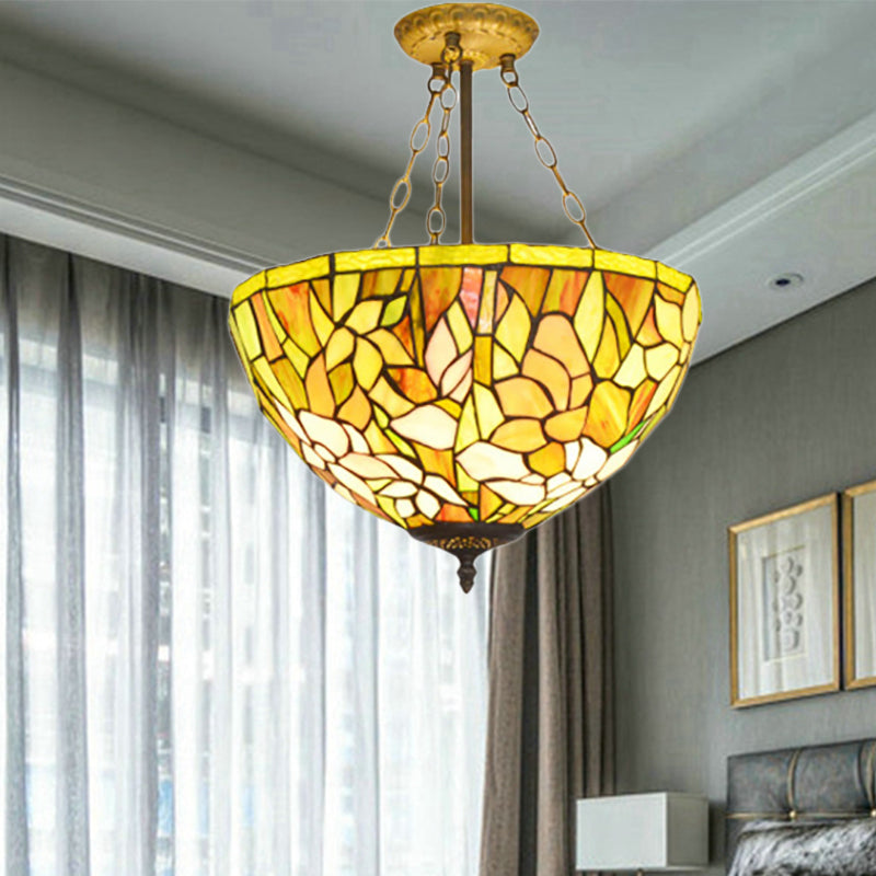 Tiffany Stylish Petal Ceiling Pendant Stained Glass Yellow Chandelier for Dining Room Yellow Clearhalo 'Ceiling Lights' 'Close To Ceiling Lights' 'Close to ceiling' 'Glass shade' 'Glass' 'Island Lights' 'Pendant Lights' 'Semi-flushmount' 'Tiffany close to ceiling' 'Tiffany' Lighting' 183972