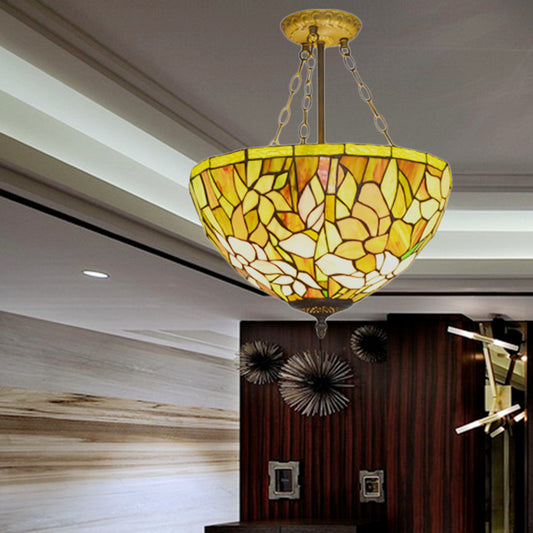 Tiffany Stylish Petal Ceiling Pendant Stained Glass Yellow Chandelier for Dining Room Clearhalo 'Ceiling Lights' 'Close To Ceiling Lights' 'Close to ceiling' 'Glass shade' 'Glass' 'Island Lights' 'Pendant Lights' 'Semi-flushmount' 'Tiffany close to ceiling' 'Tiffany' Lighting' 183973