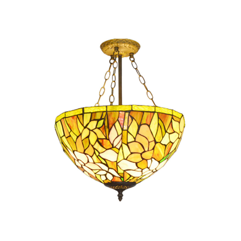 Tiffany Stylish Petal Ceiling Pendant Stained Glass Yellow Chandelier for Dining Room Clearhalo 'Ceiling Lights' 'Close To Ceiling Lights' 'Close to ceiling' 'Glass shade' 'Glass' 'Island Lights' 'Pendant Lights' 'Semi-flushmount' 'Tiffany close to ceiling' 'Tiffany' Lighting' 183974