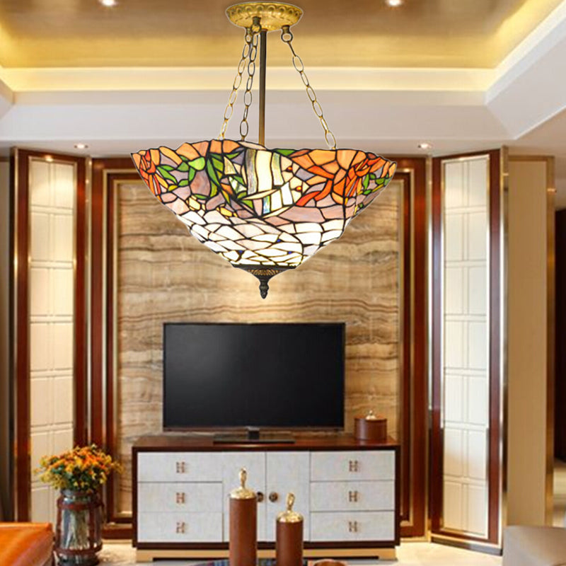 Tiffany Rustic Style Chandelier Leaf Stained Glass Pendant Light in White&Orange for Restaurant White-Orange Clearhalo 'Ceiling Lights' 'Close To Ceiling Lights' 'Close to ceiling' 'Glass shade' 'Glass' 'Pendant Lights' 'Semi-flushmount' 'Tiffany close to ceiling' 'Tiffany' Lighting' 183985
