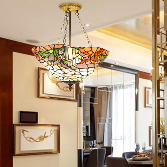 Tiffany Rustic Style Chandelier Leaf Stained Glass Pendant Light in White&Orange for Restaurant Clearhalo 'Ceiling Lights' 'Close To Ceiling Lights' 'Close to ceiling' 'Glass shade' 'Glass' 'Pendant Lights' 'Semi-flushmount' 'Tiffany close to ceiling' 'Tiffany' Lighting' 183986