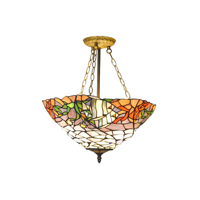 Tiffany Rustic Style Chandelier Leaf Stained Glass Pendant Light in White&Orange for Restaurant Clearhalo 'Ceiling Lights' 'Close To Ceiling Lights' 'Close to ceiling' 'Glass shade' 'Glass' 'Pendant Lights' 'Semi-flushmount' 'Tiffany close to ceiling' 'Tiffany' Lighting' 183987