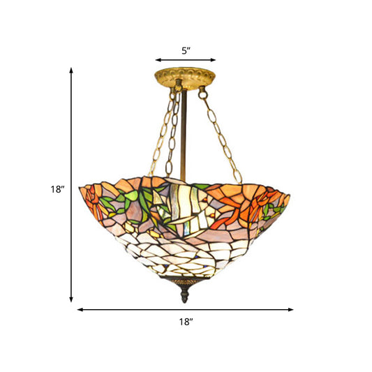 Tiffany Rustic Style Chandelier Leaf Stained Glass Pendant Light in White&Orange for Restaurant Clearhalo 'Ceiling Lights' 'Close To Ceiling Lights' 'Close to ceiling' 'Glass shade' 'Glass' 'Pendant Lights' 'Semi-flushmount' 'Tiffany close to ceiling' 'Tiffany' Lighting' 183988