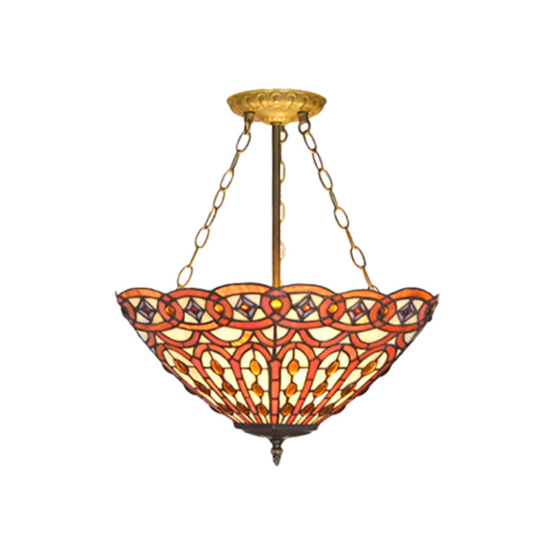 Tiffany Vintage Ceiling Pendant Dome Shade Stained Glass Chandelier in Brass Finish for Dining Table Clearhalo 'Ceiling Lights' 'Chandeliers' 'Close To Ceiling Lights' 'Close to ceiling' 'Glass shade' 'Glass' 'Semi-flushmount' 'Tiffany close to ceiling' 'Tiffany' Lighting' 184010