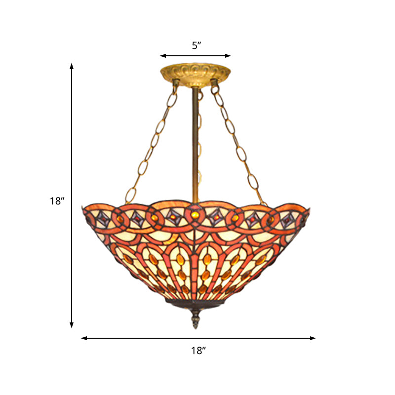 Tiffany Vintage Ceiling Pendant Dome Shade Stained Glass Chandelier in Brass Finish for Dining Table Clearhalo 'Ceiling Lights' 'Chandeliers' 'Close To Ceiling Lights' 'Close to ceiling' 'Glass shade' 'Glass' 'Semi-flushmount' 'Tiffany close to ceiling' 'Tiffany' Lighting' 184011