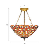 Tiffany Vintage Ceiling Pendant Dome Shade Stained Glass Chandelier in Brass Finish for Dining Table Clearhalo 'Ceiling Lights' 'Chandeliers' 'Close To Ceiling Lights' 'Close to ceiling' 'Glass shade' 'Glass' 'Semi-flushmount' 'Tiffany close to ceiling' 'Tiffany' Lighting' 184011
