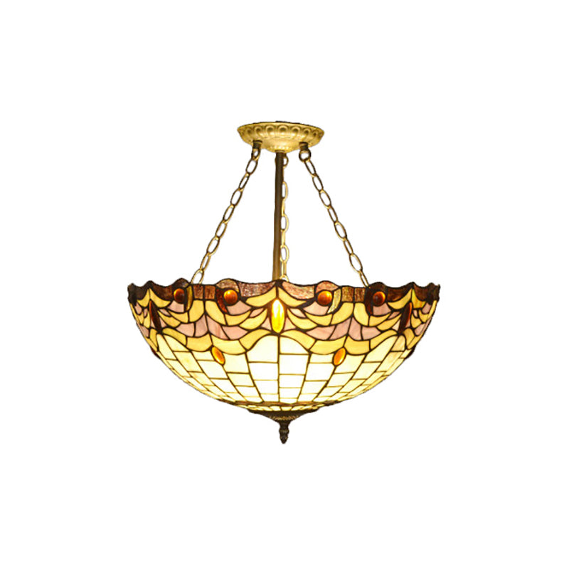 Tiffany Vintage Ceiling Pendant Dome Shade Stained Glass Chandelier in Brass Finish for Dining Table Clearhalo 'Ceiling Lights' 'Chandeliers' 'Close To Ceiling Lights' 'Close to ceiling' 'Glass shade' 'Glass' 'Semi-flushmount' 'Tiffany close to ceiling' 'Tiffany' Lighting' 184013