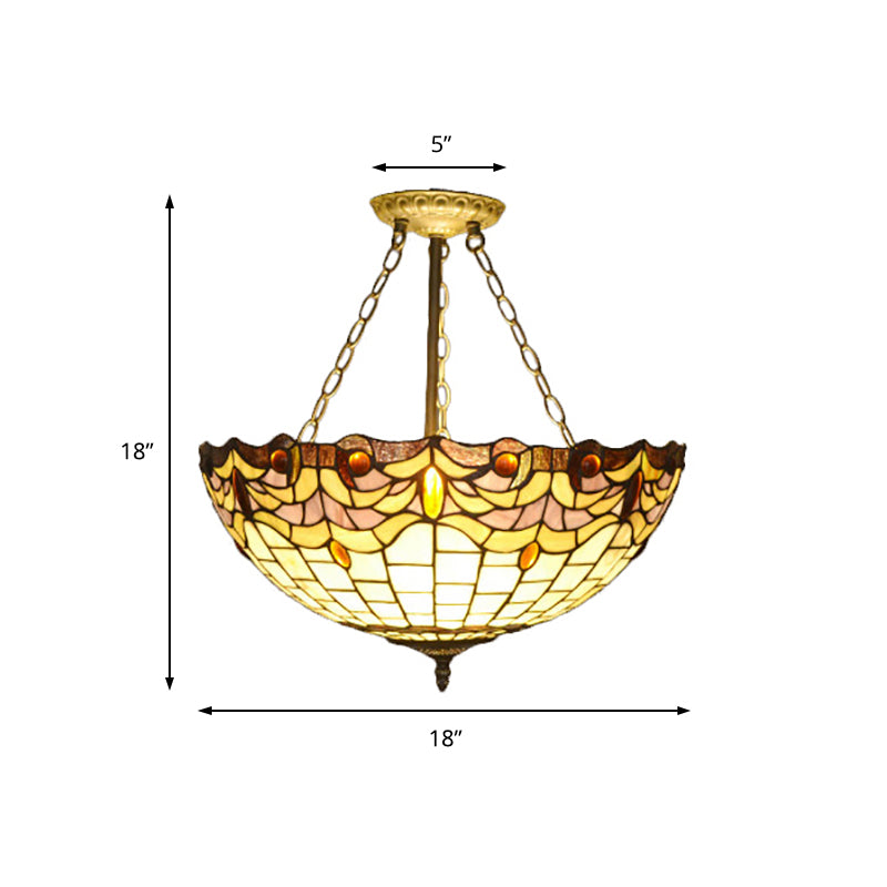 Tiffany Vintage Ceiling Pendant Dome Shade Stained Glass Chandelier in Brass Finish for Dining Table Clearhalo 'Ceiling Lights' 'Chandeliers' 'Close To Ceiling Lights' 'Close to ceiling' 'Glass shade' 'Glass' 'Semi-flushmount' 'Tiffany close to ceiling' 'Tiffany' Lighting' 184014